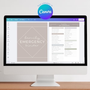 Puede incluir: Una pantalla de ordenador muestra un documento digital titulado "Family Emergency Binder". El documento presenta una tabla de contenidos y un diseño de portada con el texto "Family Emergency Binder" en forma de diamante. El logotipo de Canva es visible.