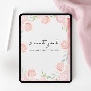 Goodnotes 用ピンク フローラル ベビー ブック デジタル プランナー、ベビー メモリー ブック ページ、ベビー マイルストーン テンプレート、デジタル ベビー ジャーナル、ブラッシュ 水彩画