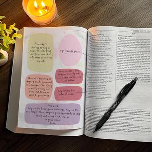 Könnte beinhalten: Eine offene Bibel mit handschriftlichen Notizen und farbigen Markierungen. Ein schwarzer Stift liegt auf den Seiten. Eine brennende Kerze und eine kleine Pflanze befinden sich im Hintergrund. Der Text enthält das Wort "Sprüche".