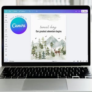 編集可能なベビーブック印刷可能なCanvaテンプレート、ベビーメモリーブックページ、ベビーマイルストーンフォトアルバム、私たちの最大の冒険、水彩画の森