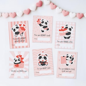 May include: Six Valentine's Day cards with panda bear illustrations. Each card has a different pun, such as "You are BEARY cool!" and "You are PANDA-STIC!". The cards are pink and white, with a space to write "From".