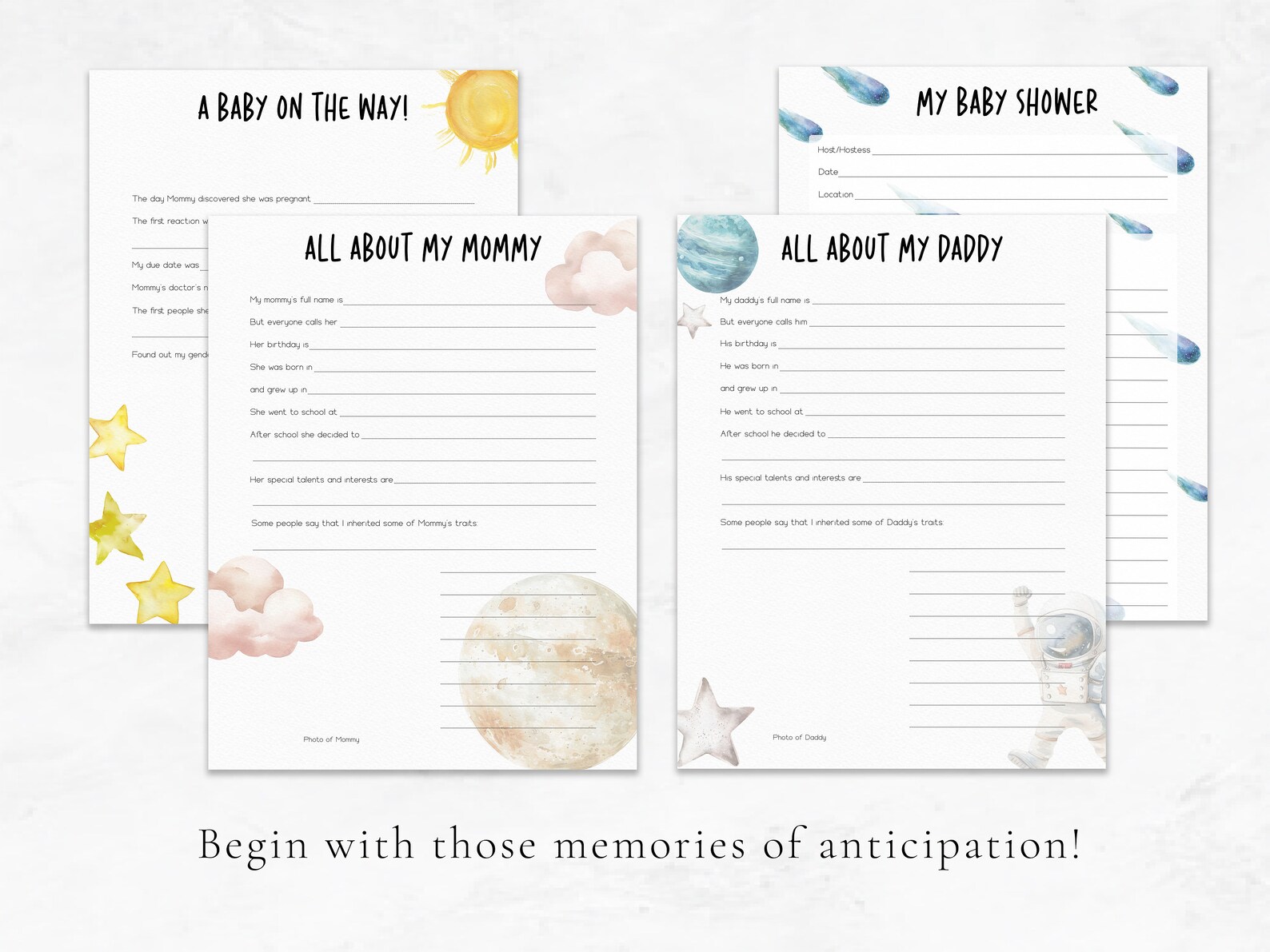 Space Printable Baby Book, Astronaut Memory Book Pages, Baby Milestone ...