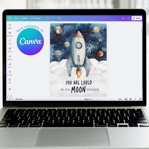 編集可能な宇宙ベビーブック印刷可能なCanvaテンプレート、宇宙飛行士ベビーメモリーブックページ、ベビーマイルストーンフォトアルバム、月へ行って戻る