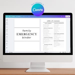 May include: A computer screen displaying a Canva document titled "family EMERGENCY binder". The document includes a table of contents with categories such as "Family Members", "Financial Information", "Medical Information", "Household Expenses", "Access Codes & Passwords", "End of Life Arrangements", and "Insurance Policies".