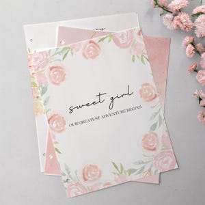 Regalo para baby shower de niña con flores rosas, páginas imprimibles para libro de recuerdos, plantilla imprimible de hitos del bebé, diario para bebé, regalo para recién nacido para mamá
