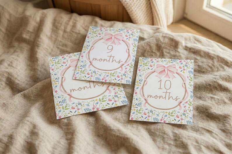 Printable Vintage Pink Bow Baby Girl Milestone Cards, Monthly Photo ...