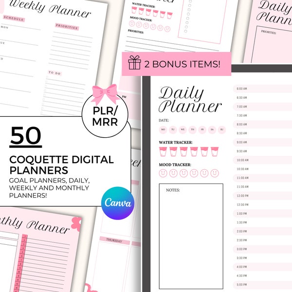 Coquette Digital Planner Bundle, PLR & MRR, Done For You Canva Digital Product to Sell on Etsy, Resell Rights Canva Template