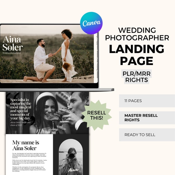 Wedding Photography Website Template, Customizable Canva Landing Page with Resell Rights, Elegant Wedding Photography Template MRR & PRR