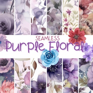 Purple Floral Digital Paper - SEAMLESS - Watercolor Flower Patterns - 12 Designs - 12x12in - Commercial Printing Use