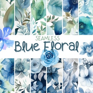 Blue Floral Digital Paper - SEAMLESS - Watercolor Flower Patterns - 12 Designs - 12x12in - Commercial Printing Use