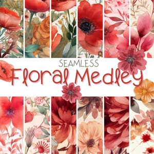 Rotes Florales Digital Papier - NAHTLOS - Aquarell Blumen Muster - 12 Designs - 30x30cm - Kommerzieller Druck verwenden