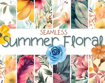 Summer Floral Digital Paper - SEAMLESS - Watercolor Flower Patterns - 12 Designs - 12x12in - Commercial Printing Use