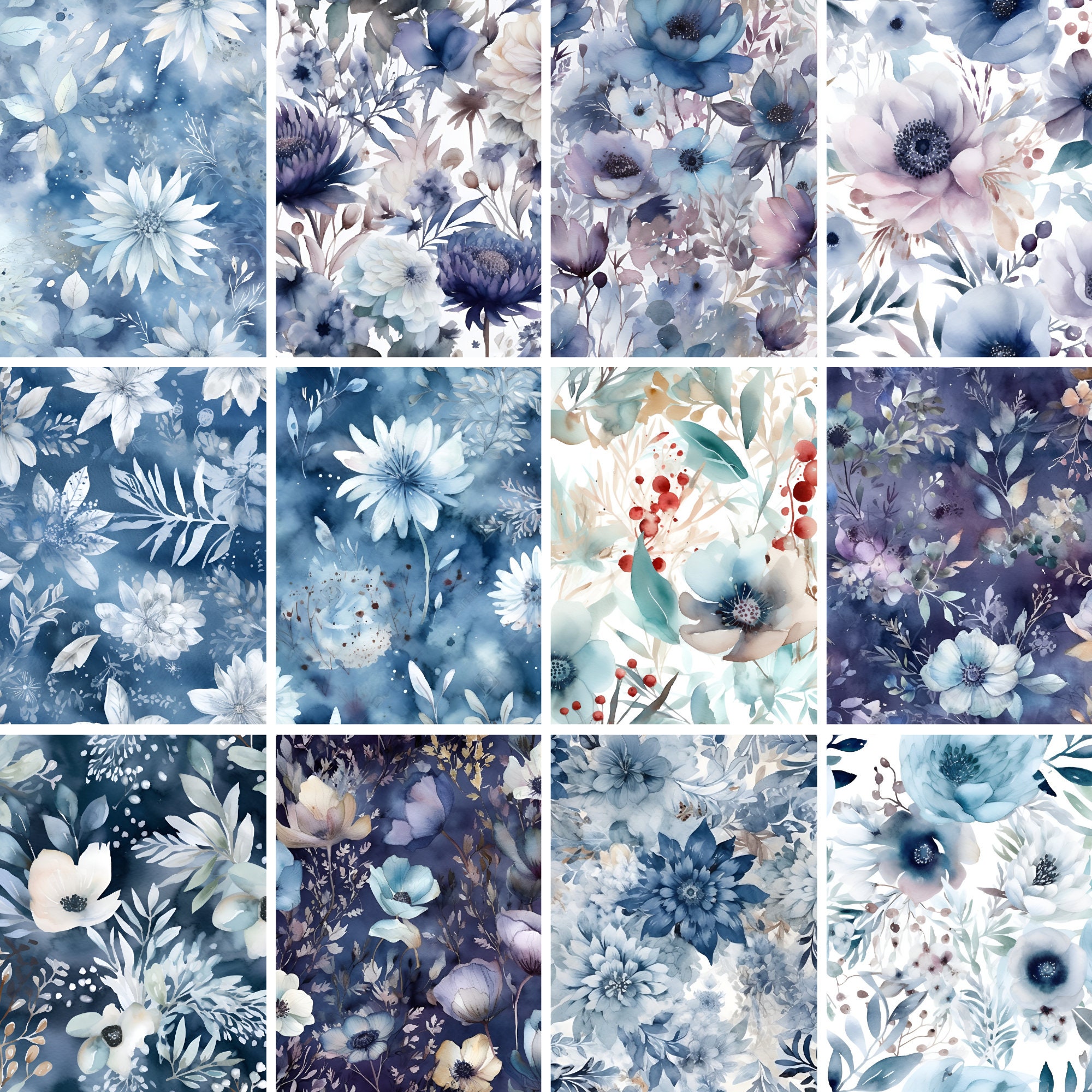 Winter Floral Digital Paper - SEAMLESS - Watercolor Flower Patterns ...