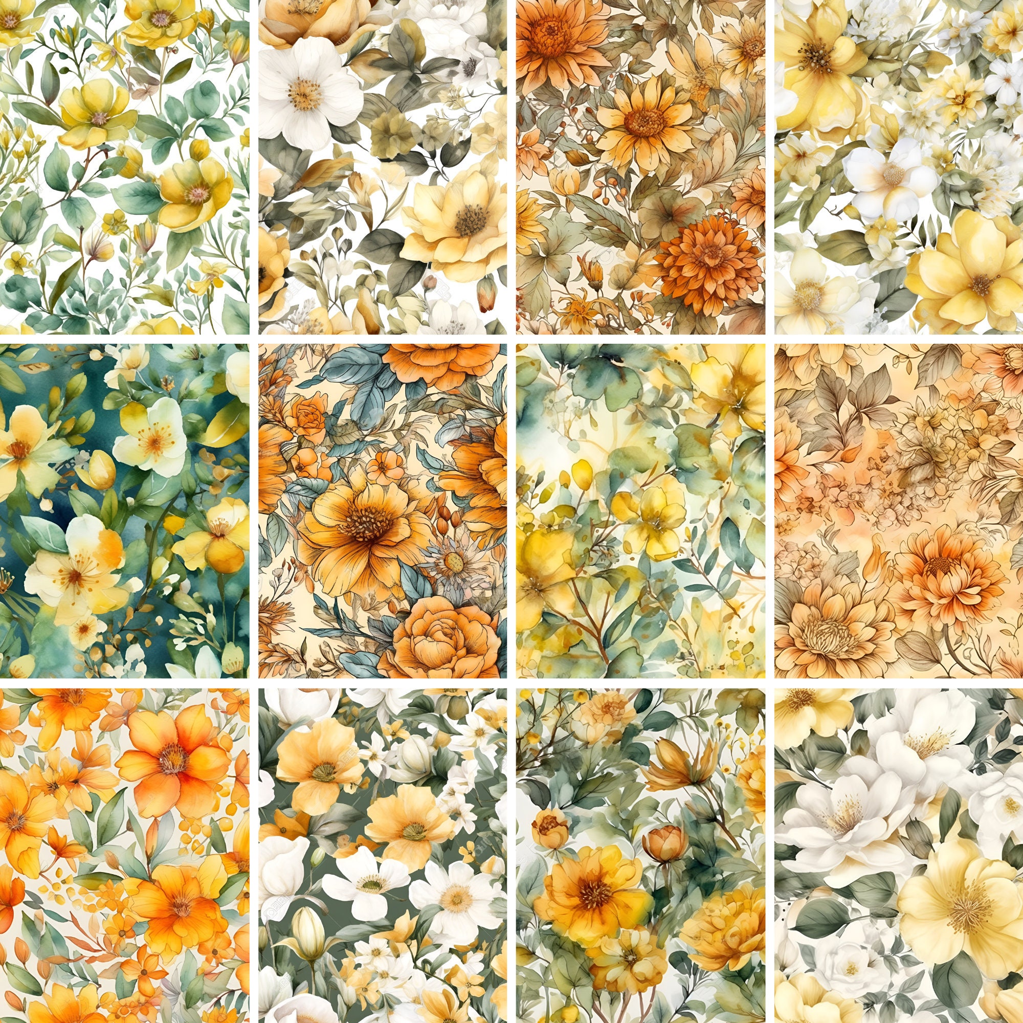 Yellow Floral Digital Paper - SEAMLESS - Watercolor Flower Patterns ...