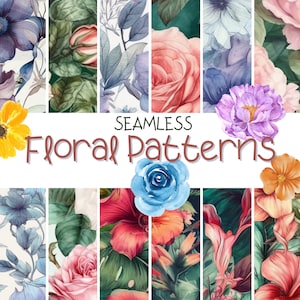 Floral Patterns Digital Paper - SEAMLESS - Watercolor Flower Patterns - 12 Designs - 12x12in - Commercial Printing Use