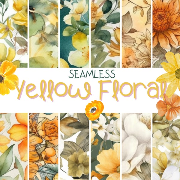 Yellow Floral Digital Paper - SEAMLESS - Watercolor Flower Patterns - 12 Designs - 12x12in - Commercial Printing Use