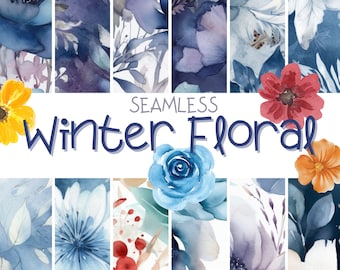 Winter Floral Digital Paper - SEAMLESS - Watercolor Flower Patterns - 12 Designs - 12x12in - Commercial Printing Use