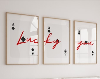 Lucky You Set of 3 Playing Card Prints Trendy Retro Wall Art Y2K Decor Trendy Aesthetic Wall Decor Set of 3 Ace of Hearts/Spades/Diamond