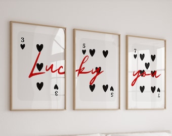 Lucky You Posters | Set of 3 Playing Card Prints, Trendy Retro Wall Art, Y2K Decor, Playing Card Poster, Trendy Aesthetic Print