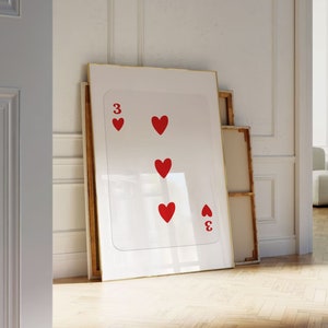 Stampa rossa di tre di cuori / Arte da parete retrò alla moda, Arredamento Y2K, Poster di carte da gioco, Arte della parete, Stampa estetica alla moda, Arte della parete stampabile