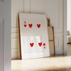 Stampa rossa quattro di cuori / Arte da parete retrò alla moda, Arredamento Y2K, Poster di carte da gioco, Arte della parete, Stampa estetica alla moda, Arte della parete stampabile