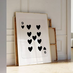 Preto nove dos corações posters de <br> Entrega Rápida? Arte de parede retrô moderna, decoração y2k, pôster de cartas de jogo, arte de parede, impressão estética moderna, arte de parede imprimível