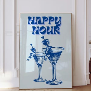 Happy Hour Poster Cocktails Illustration Print Bar Cart Art Aesthetic Trendy Wall Decor Blue Retro Wall Art Digital Download