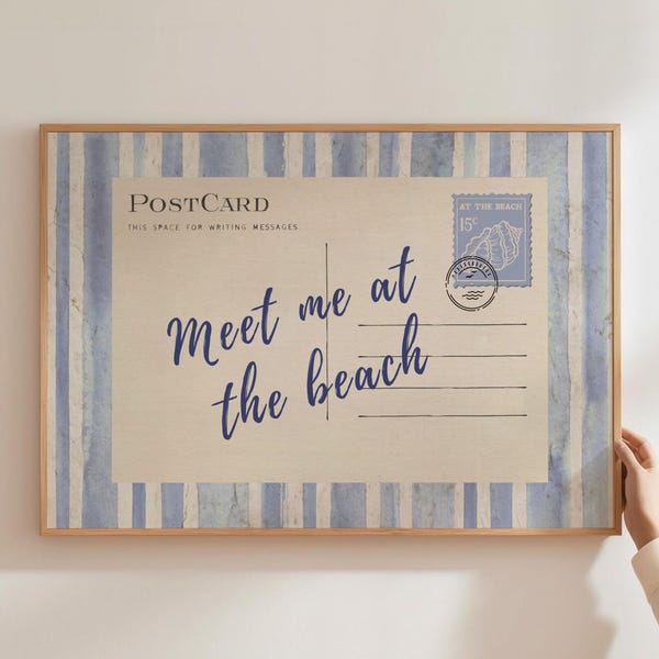Meet Me at The Beach Trendy Post Card Print, Coastal Wall Art, Blue Typography Art, Beach House Aesthetic Decor, Summer Art, Digital Print