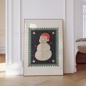 Trendy retro kerstpoststempel kunst aan de muur Merry Christmas Decorations Xmas afdrukbare Home Decor sneeuwpop vakantie decor digitale download