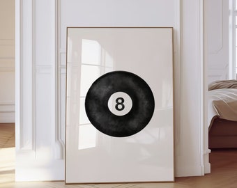 8 Pool Ball Retro Print | Retro Hand-Drawn, Vintage Pool Ball Print, Lucky 8 Ball Wall Art, Trendy Digital Art Prints, Bar Cart Poster
