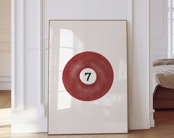7 Pool Ball Retro Print | Retro Hand-Drawn, Vintage Pool Ball Print, Lucky 7 Ball Wall Art, Trendy Digital Art Prints, Bar Cart Poster