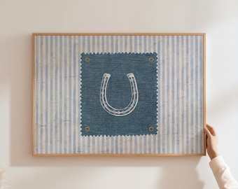 Rustic Horseshoe Wall Art Vintage Gingham Print Denim Patch Lucky Horseshoe Printable Horizontal Print Western Art Decor Digital Download