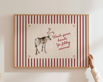 Wash Your Hands Ya Filthy Animal Print Striped Christmas Wall Art  Funny Toilet Poster for Christmas Bathroom Decor Landscape Digital Art