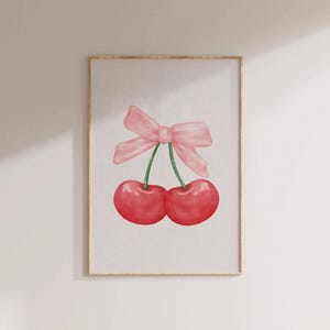 Trendy Cherries Print Coquette Room Decor Girly Wall Art Pink Bow Red Soft Girl Aesthetic Trendy Dorm Room Printable Wall Art Digital Poster