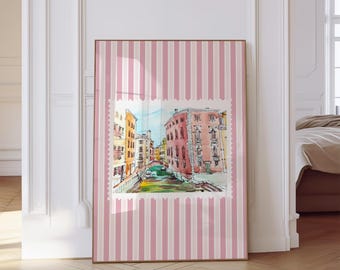 Stampa con francobollo italiano a strisce rosa, decorazione da parete per ragazze, stile da viaggio, civettuola, estetica europea, decorazione da parete costiera, decorazione carina per dormitorio, download digitale