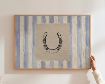 Rustic Horseshoe Wall Art Vintage Gingham Print Denim Patch Lucky Horseshoe Printable Horizontal Print Western Art Decor Digital Download