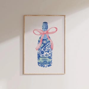 Trendy Blue Champagne Print Coquette Room Decor Girly Wall Art Pink Bow Blue White Floral Soft Girl Aesthetic Trendy Printable Wall Art