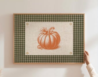 Impresión de calabaza de otoño, arte de pared imprimible, impresión de cocina con núcleo de cabaña, póster horizontal de cuadros verdes, decoración de otoño de temporada, descarga digital