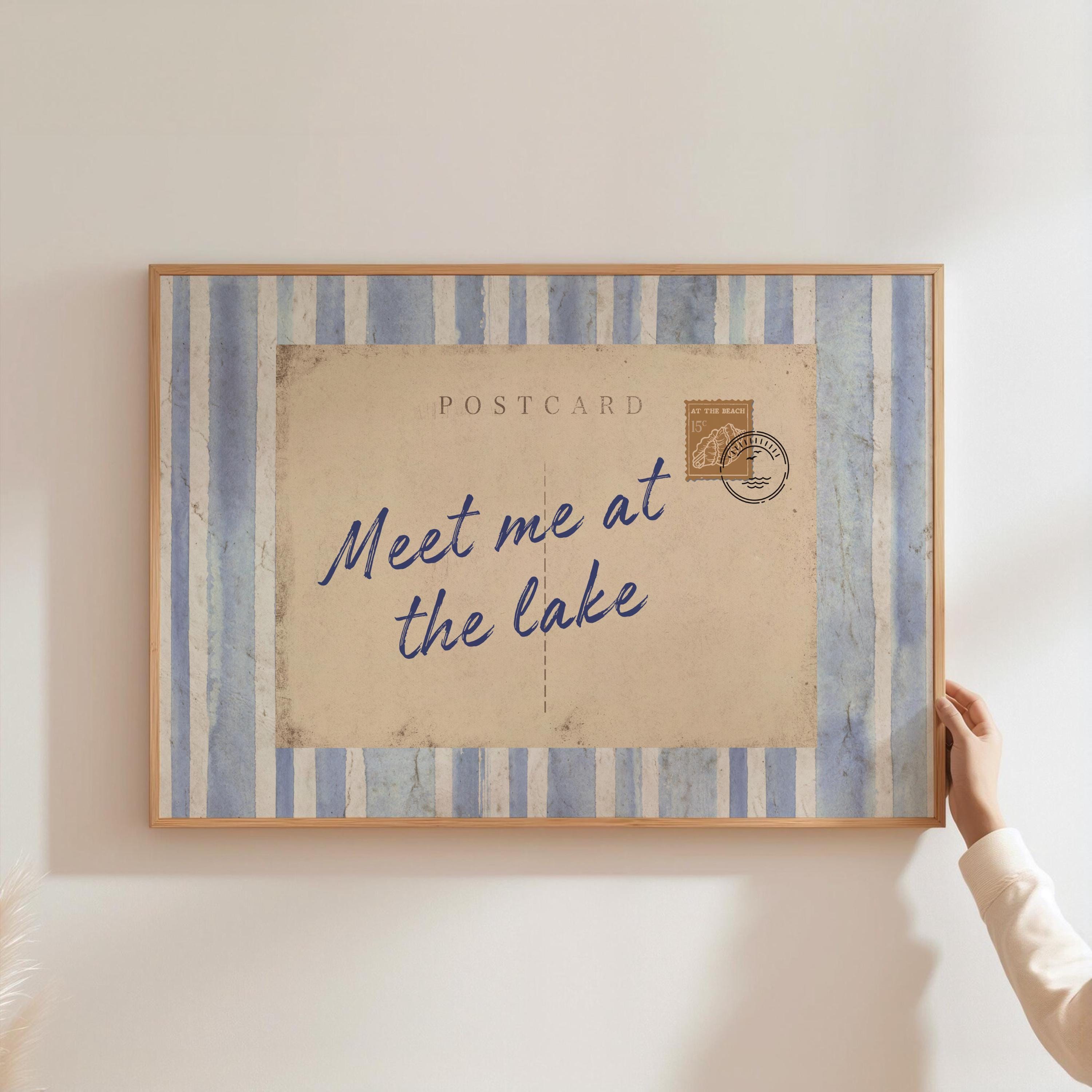Meet Me at The Lake Vintage Post Card Print, Coastal Wall Art, BlueTypography Art, Beach House Aesthetic Decor, Summer Art, Digital Print