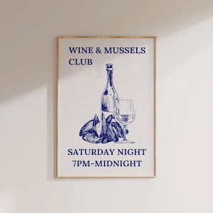 Blue Wine and Mossels Club trendy muurkunst esthetische keuken decor schattig kookkunst keuken print bar winkelwagen poster handgetekende wijn poster