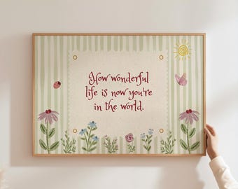 Qué maravillosa es la vida ahora que estás en el mundo Arte de pared imprimible vintage verde salvia para guardería, arte de pared rústico para guardería de bebé DIGITAL