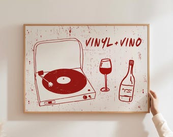 Póster musical con impresión de vinilo y vino, decoración del hogar, ilustración de vino, barra de discos, cocina retro de moda, comedor, mediados de siglo, descarga digital