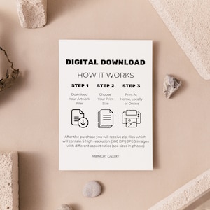Pu&ograve; includere: Una scheda informativa di download digitale con testo nero su sfondo bianco. La scheda spiega come scaricare, scegliere una dimensione di stampa e stampare a casa o online. La scheda indica anche che il download includer&agrave; 5 immagini JPEG ad alta risoluzione con diversi rapporti di aspetto.