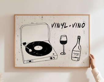Póster musical con impresión de vinilo y vino, decoración del hogar, ilustración de vino, barra de discos, cocina retro de moda, comedor, mediados de siglo, descarga digital