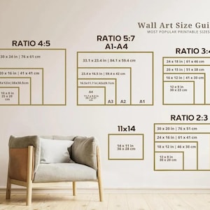 Pu&ograve; includere: Una guida alle dimensioni dell'arte da parete con diversi rapporti e misure in pollici e centimetri. La guida include rapporti di 4:5, 5:7, 3:4 e 2:3. La guida include anche formati di carta standard come A1, A2, A3 e A4.