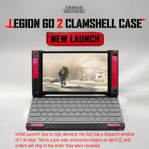 Puede incluir: Una funda tipo clamshell Legion Go 2, con una pantalla que muestra una escena de videojuego. La funda es negra y gris con detalles en rojo. El texto "NEW LAUNCH" se muestra encima de la pantalla. También se ve el texto "LEGION GO 2 CLAMSHELL CASE".