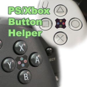 May include: Image of two video game controllers, one black and one white. The black controller has the letters X, Y, A, and B on the buttons. The white controller has the triangle, square, circle, and X buttons. The text "PS/Xbox Button Helper" is in green.