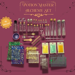 May include: Potion Master Alchemy Set with 46 pieces, including bottles, test tubes, spoons, and bags. The set includes a variety of clear glass and plastic containers, along with mixing tools and colorful powders. Perfect for aspiring alchemists.