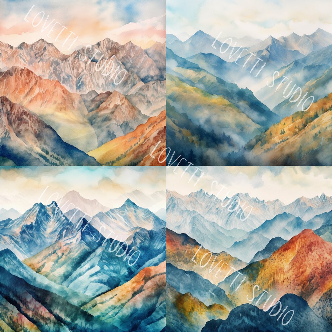 56 Watercolor Mountains PNG Clipart | 300 DPI | 10x10 Inch | Pattern ...