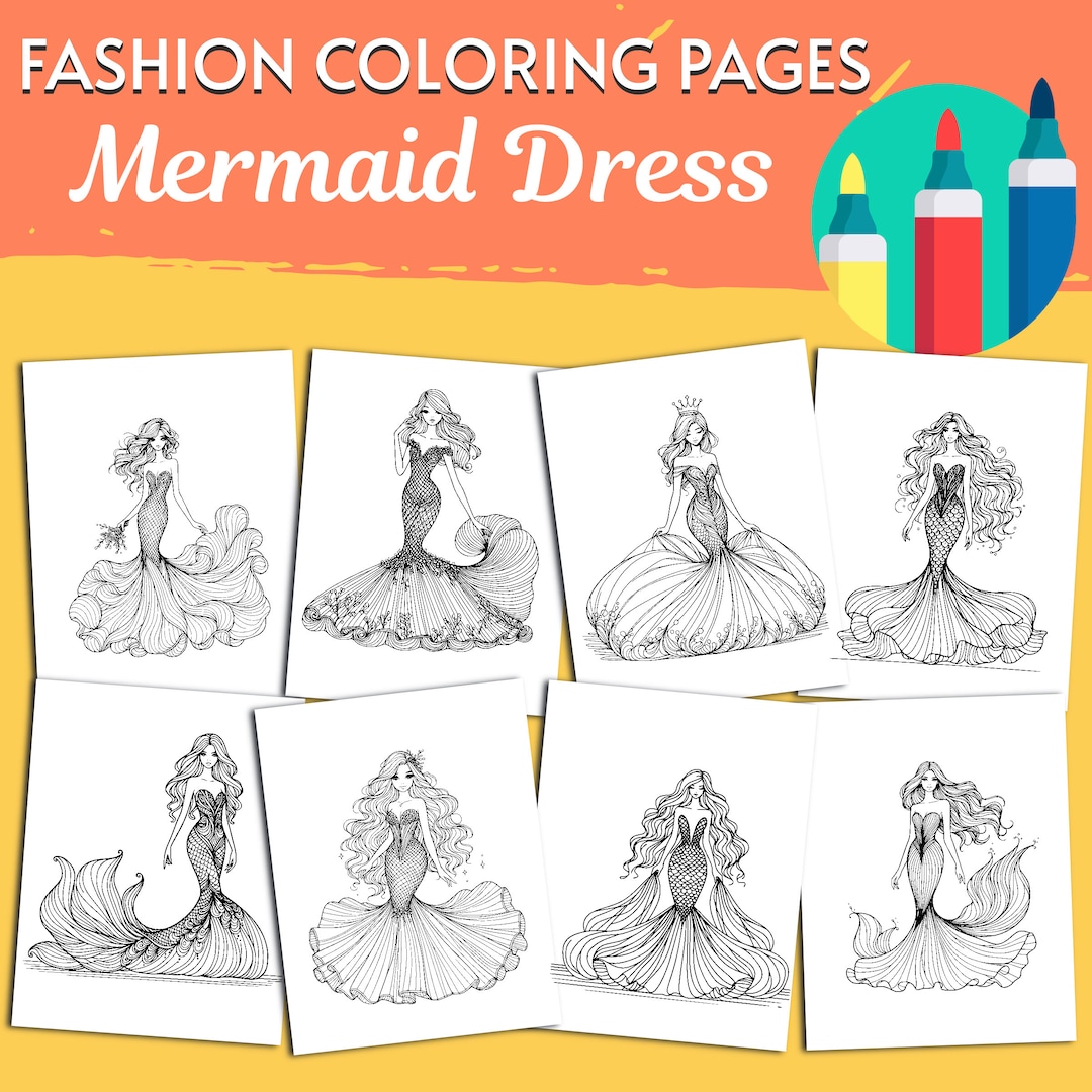 Mermaid Dress Coloring Pages, 10 Fashion Coloring Pages, Printable Girl